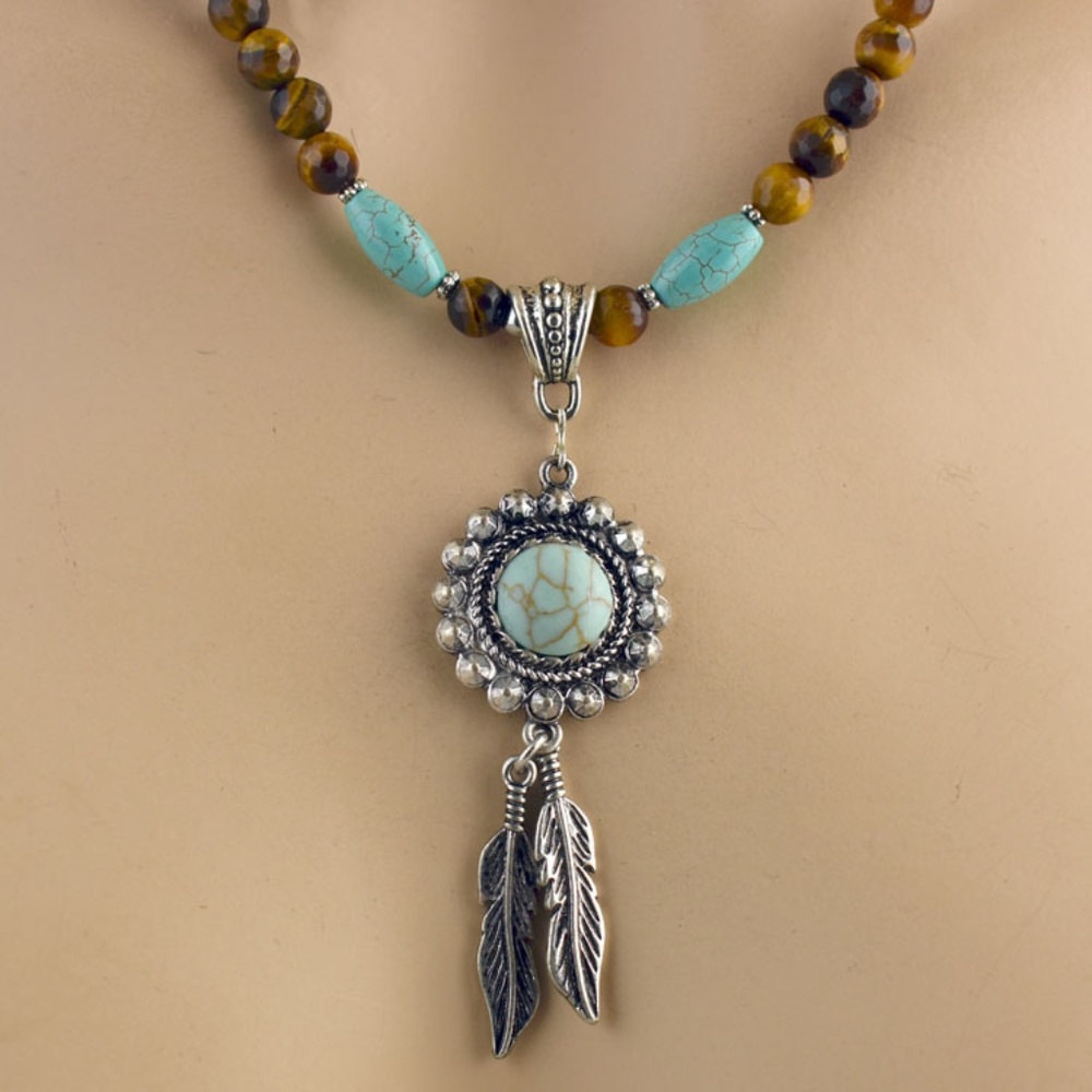 Tiger Eye & Turquoise Feather Necklace Set - Picture 4 of 4